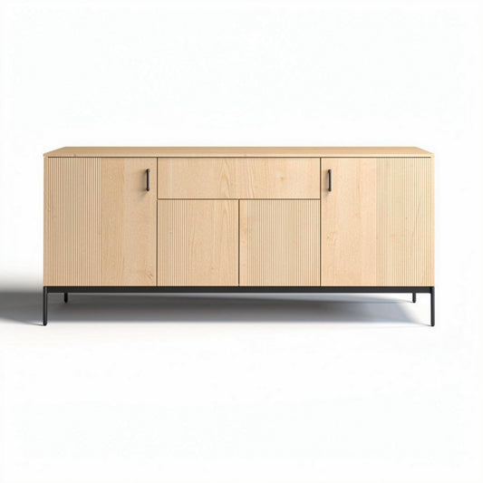 Natural wood sideboard with ribbed texture and metal legs 150 x 40 x 60cm
