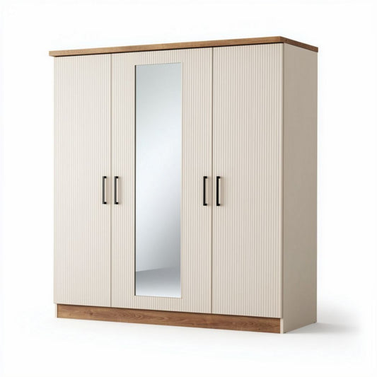 Three-door wardrobe with mirror and wood accents in cream 120 x 60 x 180cm