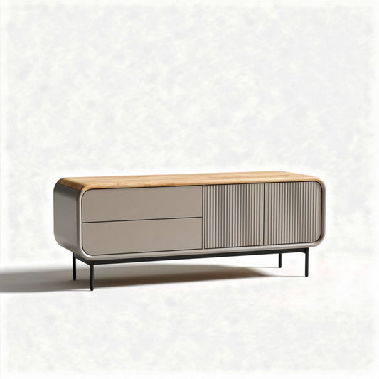 Modern minimalist entertainment center with wood top and storage drawers 100 x 40 x 50cm