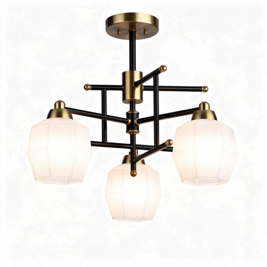 Three-light modern ceiling chandelier in black and brass with glass shades
