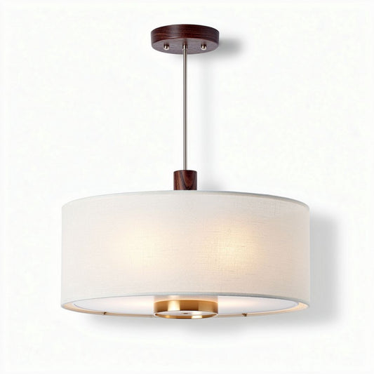 Round white fabric pendant light with wooden accents and metal fixture 30 x 30 x 20cm