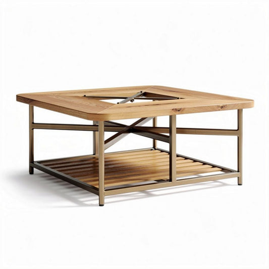 Square outdoor fire pit table with wooden top and metal frame 90 x 90 x 45cm