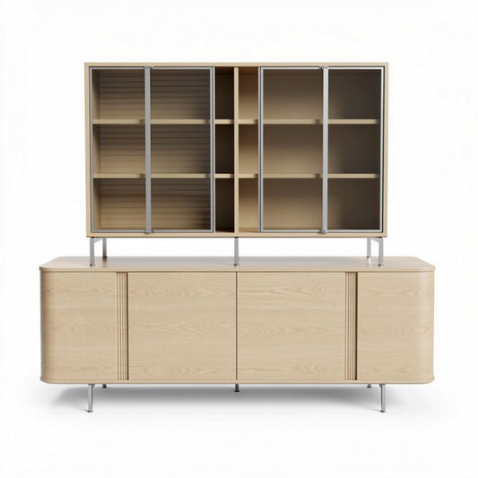 Wooden storage cabinet with glass doors and metal legs 150 x 40 x 100cm
