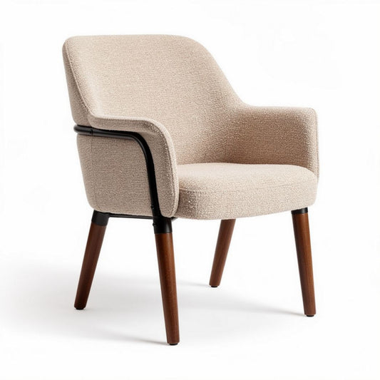 Fabric upholstered lounge chair with wooden legs in beige color