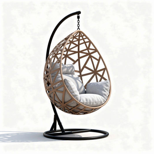 Hanging egg chair with sturdy metal frame and comfortable cushions in beige