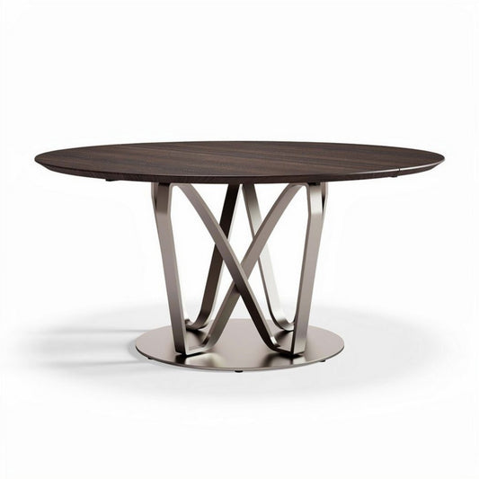Round dining table with metal base in dark wood finish 150 x 150 x 75cm