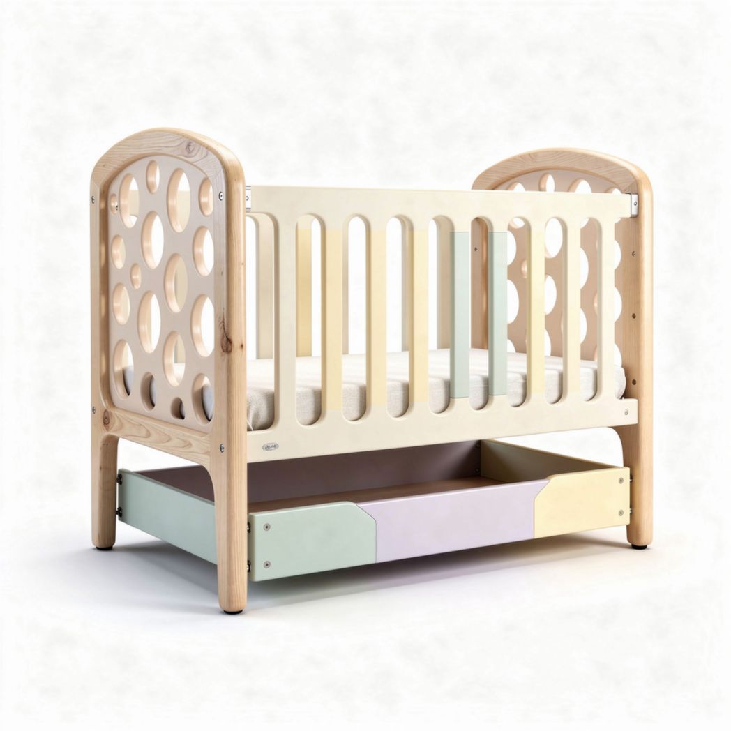 Wooden crib with storage drawer and circular cutout design 120 x 70 x 90cm