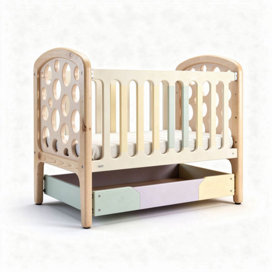 Wooden crib with storage drawer and circular cutout design 120 x 70 x 90cm