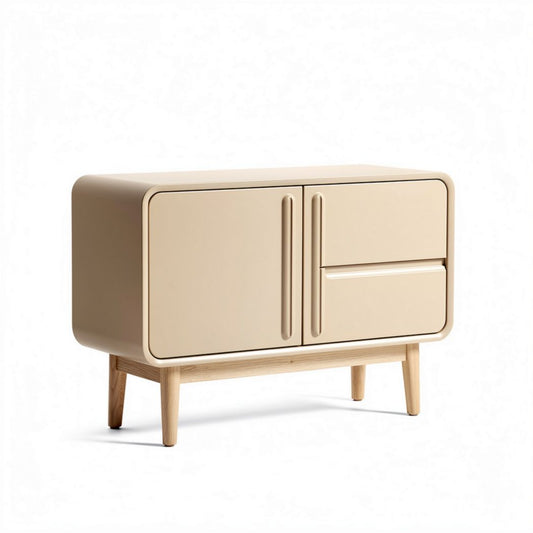 Modern beige sideboard with wooden legs and two doors plus one drawer 80 x 40 x 75cm