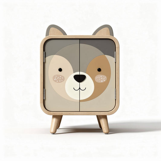 Wooden bedside cabinet with animal face design in gray and brown 40 x 40 x 50cm